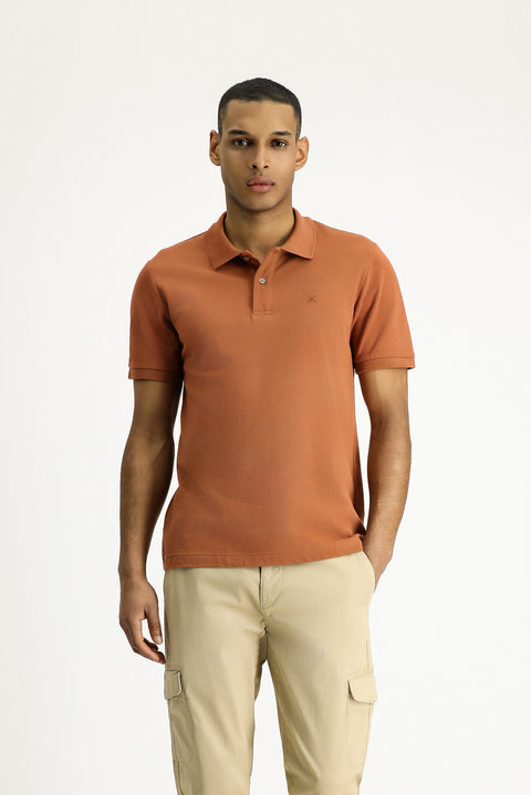 Light Brown Polo Collar Slim Fit Embroidered Cotton T-Shirt