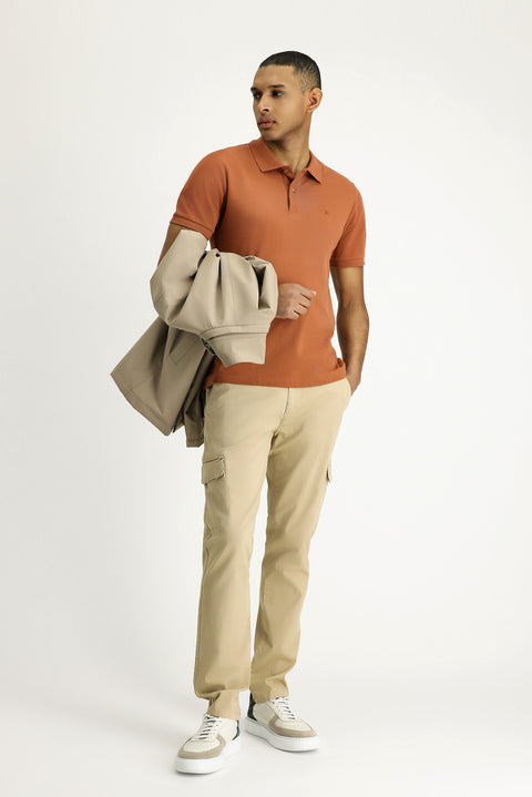 Light Brown Polo Collar Slim Fit Embroidered Cotton T-Shirt