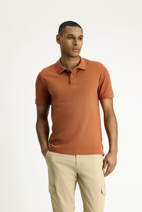 Light Brown Polo Collar Slim Fit Embroidered Cotton T-Shirt