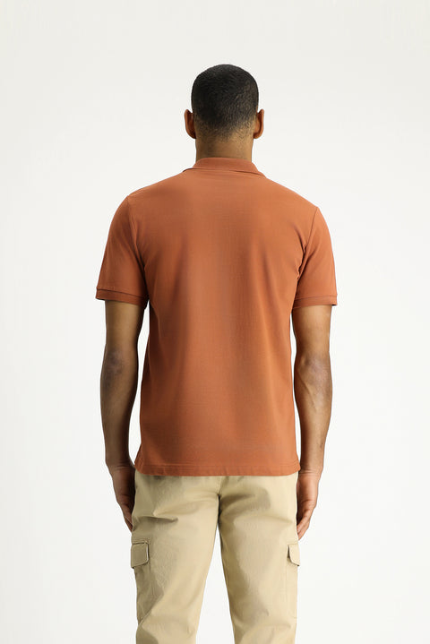 Light Brown Polo Collar Slim Fit Embroidered Cotton T-Shirt