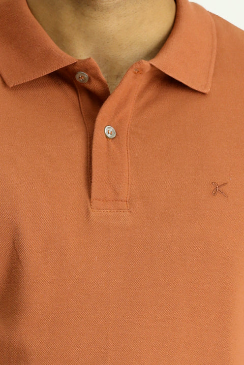 Light Brown Polo Collar Slim Fit Embroidered Cotton T-Shirt