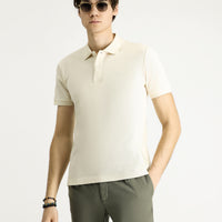 Cream Polo Collar Slim Fit Narrow Cut Embroidered Cotton T-shirt