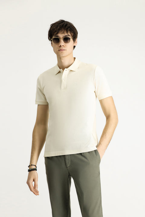 Cream Polo Collar Slim Fit Narrow Cut Embroidered Cotton T-shirt