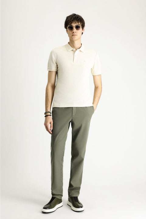 Cream Polo Collar Slim Fit Narrow Cut Embroidered Cotton T-shirt