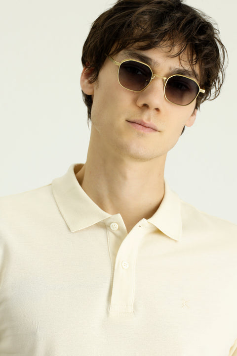 Cream Polo Collar Slim Fit Narrow Cut Embroidered Cotton T-shirt