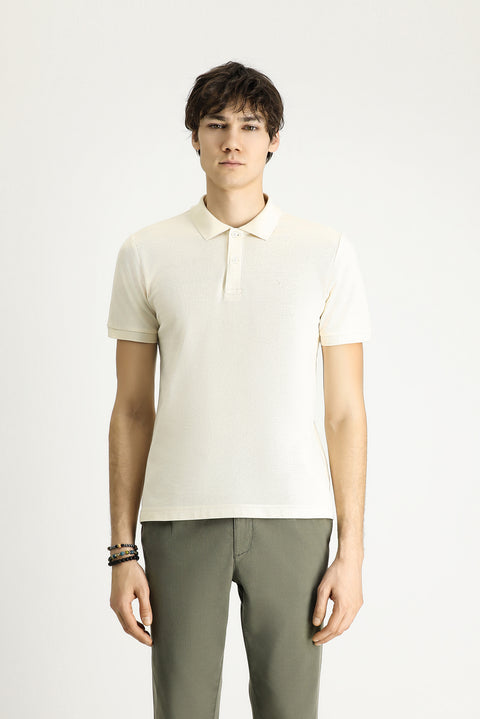 Cream Polo Collar Slim Fit Narrow Cut Embroidered Cotton T-shirt
