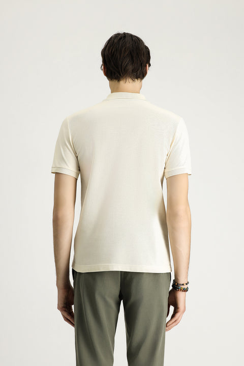 Cream Polo Collar Slim Fit Narrow Cut Embroidered Cotton T-shirt