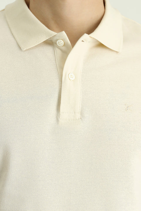 Cream Polo Collar Slim Fit Narrow Cut Embroidered Cotton T-shirt