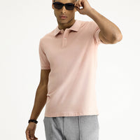 Dusty Pink Polo Collar Slim Fit Embroidered Cotton T-Shirt