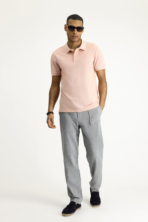 Dusty Pink Polo Collar Slim Fit Embroidered Cotton T-Shirt