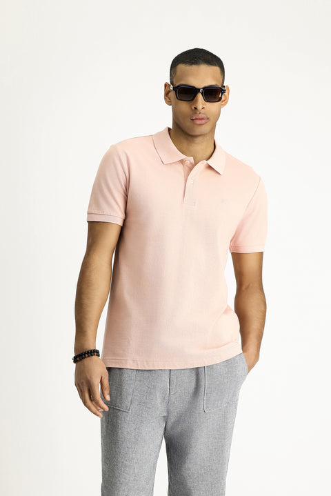Dusty Pink Polo Collar Slim Fit Embroidered Cotton T-Shirt