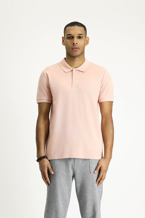 Dusty Pink Polo Collar Slim Fit Embroidered Cotton T-Shirt