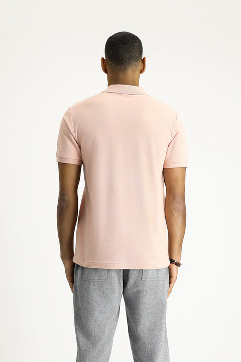 Dusty Pink Polo Collar Slim Fit Embroidered Cotton T-Shirt