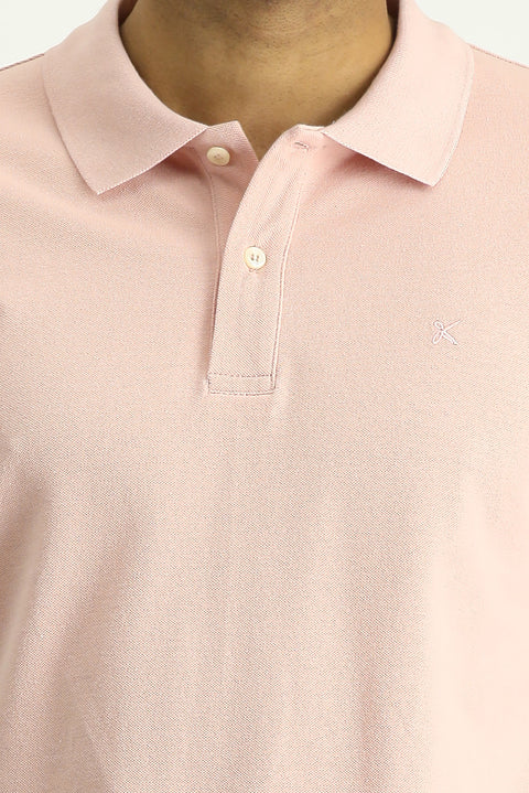 Dusty Pink Polo Collar Slim Fit Embroidered Cotton T-Shirt