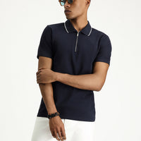 Dark Navy Blue Polo Collar Slim Fit Narrow Cut Zip-Up Cotton T-Shirt