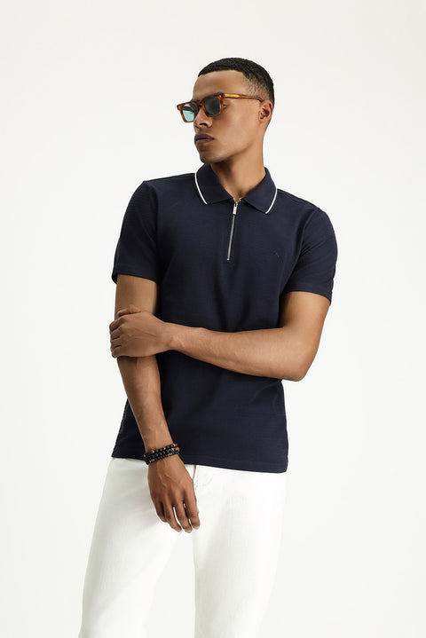 Dark Navy Blue Polo Collar Slim Fit Narrow Cut Zip-Up Cotton T-Shirt