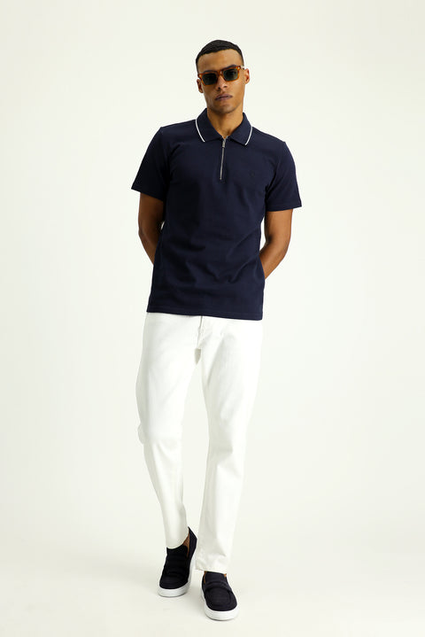 Dark Navy Blue Polo Collar Slim Fit Narrow Cut Zip-Up Cotton T-Shirt