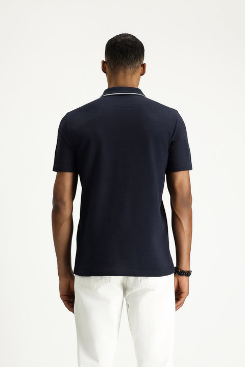 Dark Navy Blue Polo Collar Slim Fit Narrow Cut Zip-Up Cotton T-Shirt