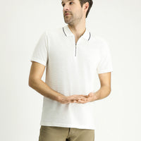 Off-white Polo Collar Slim Fit Narrow Cut Zip-Up Cotton T-shirt