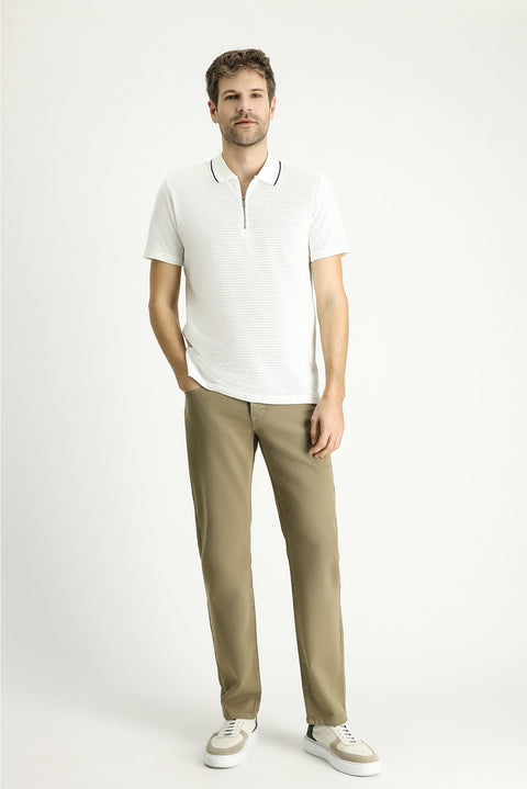 Off-white Polo Collar Slim Fit Narrow Cut Zip-Up Cotton T-shirt
