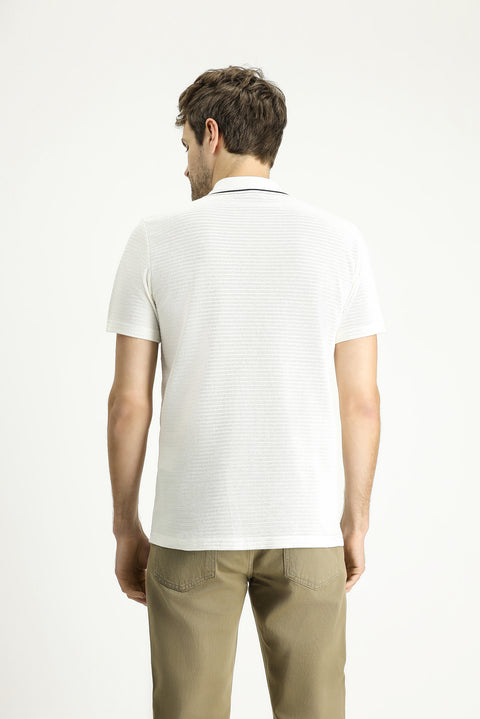 Off-white Polo Collar Slim Fit Narrow Cut Zip-Up Cotton T-shirt