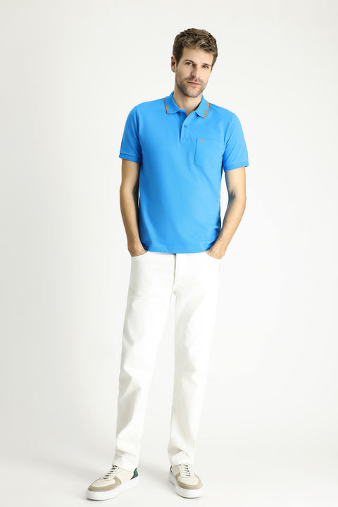 Dark Blue Slim Fit Narrow Cut Patterned Embroidered Cotton Polo Shirt