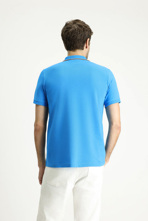 Dark Blue Slim Fit Narrow Cut Patterned Embroidered Cotton Polo Shirt