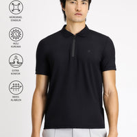 Black Techno-Line Polo Collar Slim Fit Narrow Cut Zip-Up Lycra T-Shirt