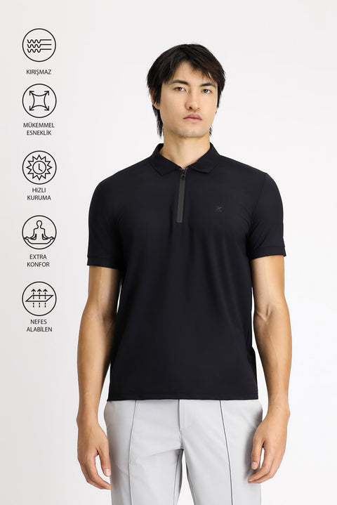 Black Techno-Line Polo Collar Slim Fit Narrow Cut Zip-Up Lycra T-Shirt