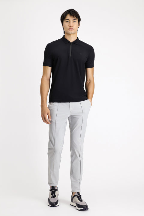 Black Techno-Line Polo Collar Slim Fit Narrow Cut Zip-Up Lycra T-Shirt