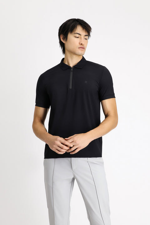 Black Techno-Line Polo Collar Slim Fit Narrow Cut Zip-Up Lycra T-Shirt