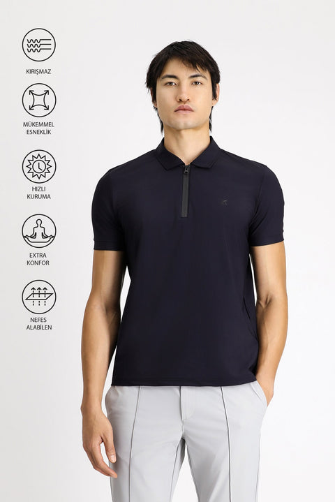 Dark Navy Techno-Line Polo Collar Slim Fit Narrow Cut Zip-Up Lycra T-Shirt