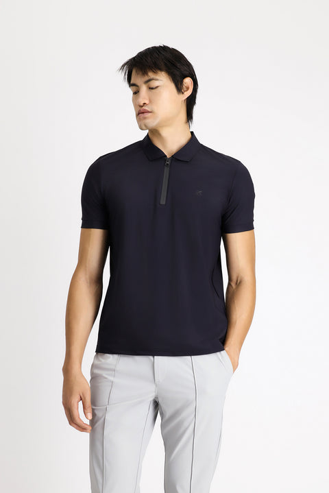 Dark Navy Techno-Line Polo Collar Slim Fit Narrow Cut Zip-Up Lycra T-Shirt