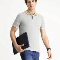 Medium Grey Melange Polo Collar Slim Fit Narrow Cut Patterned Cotton T-shirt