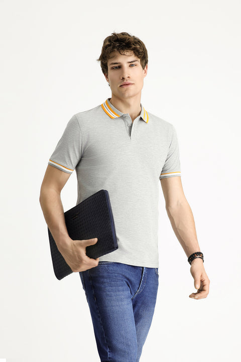 Medium Grey Melange Polo Collar Slim Fit Narrow Cut Patterned Cotton T-shirt