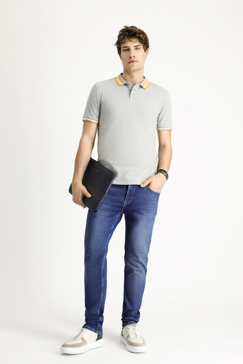 Medium Grey Melange Polo Collar Slim Fit Narrow Cut Patterned Cotton T-shirt