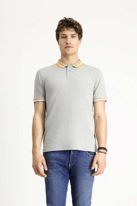 Medium Grey Melange Polo Collar Slim Fit Narrow Cut Patterned Cotton T-shirt