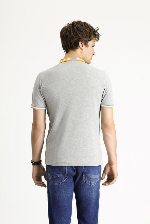 Medium Grey Melange Polo Collar Slim Fit Narrow Cut Patterned Cotton T-shirt