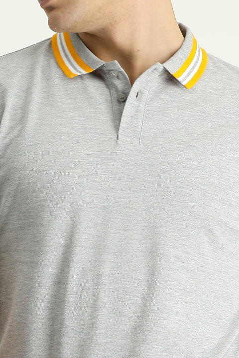 Medium Grey Melange Polo Collar Slim Fit Narrow Cut Patterned Cotton T-shirt