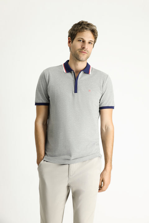 Medium Grey Melange Slim Fit Narrow Cut Cotton Polo Shirt