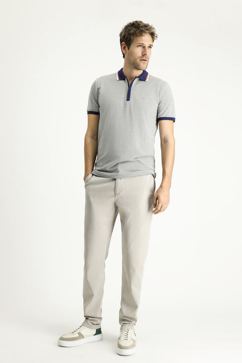Medium Grey Melange Slim Fit Narrow Cut Cotton Polo Shirt