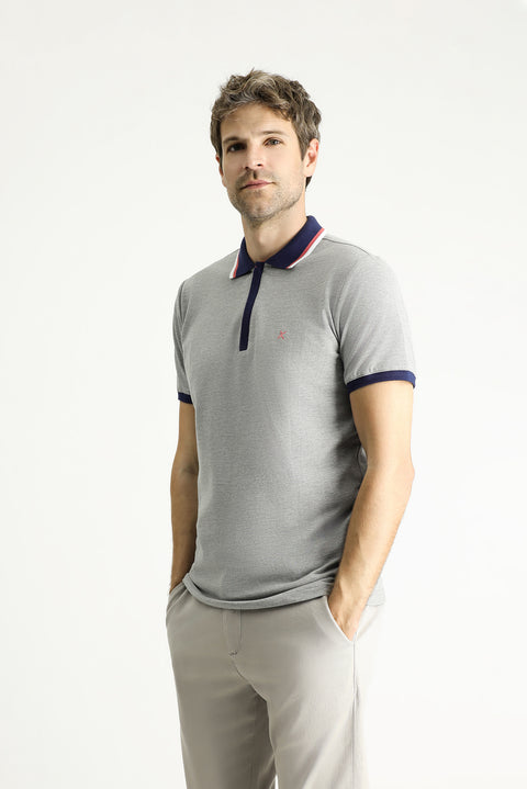 Medium Grey Melange Slim Fit Narrow Cut Cotton Polo Shirt