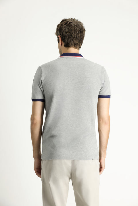 Medium Grey Melange Slim Fit Narrow Cut Cotton Polo Shirt