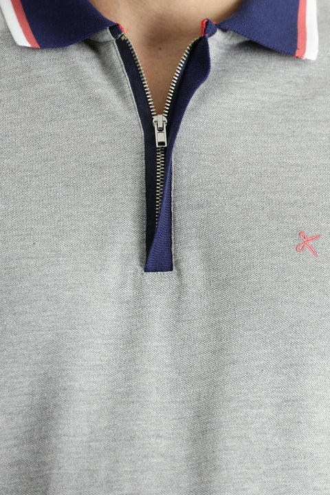Medium Grey Melange Slim Fit Narrow Cut Cotton Polo Shirt