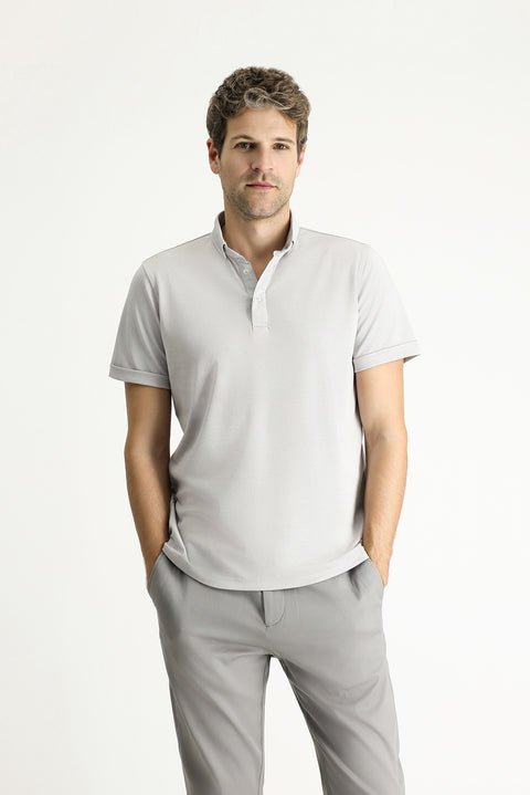 Light Grey Polo Collar Slim Fit Cotton T-Shirt