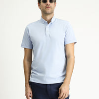 Light Blue Polo Collar Slim Fit Cotton T-Shirt