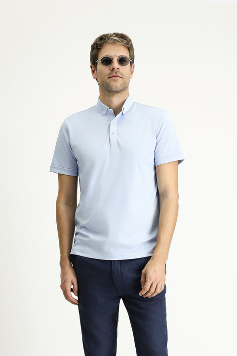 Light Blue Polo Collar Slim Fit Cotton T-Shirt