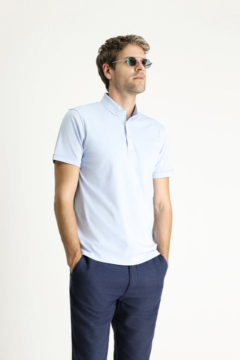 Light Blue Polo Collar Slim Fit Cotton T-Shirt