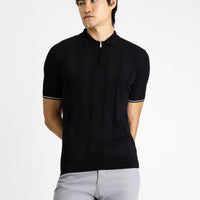 Black Zip-Up Patterned Slim Fit Narrow Cut Polo Shirt