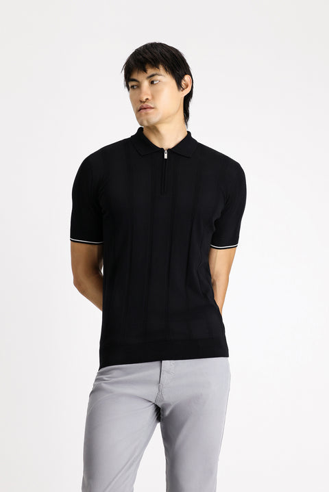 Black Zip-Up Patterned Slim Fit Narrow Cut Polo Shirt